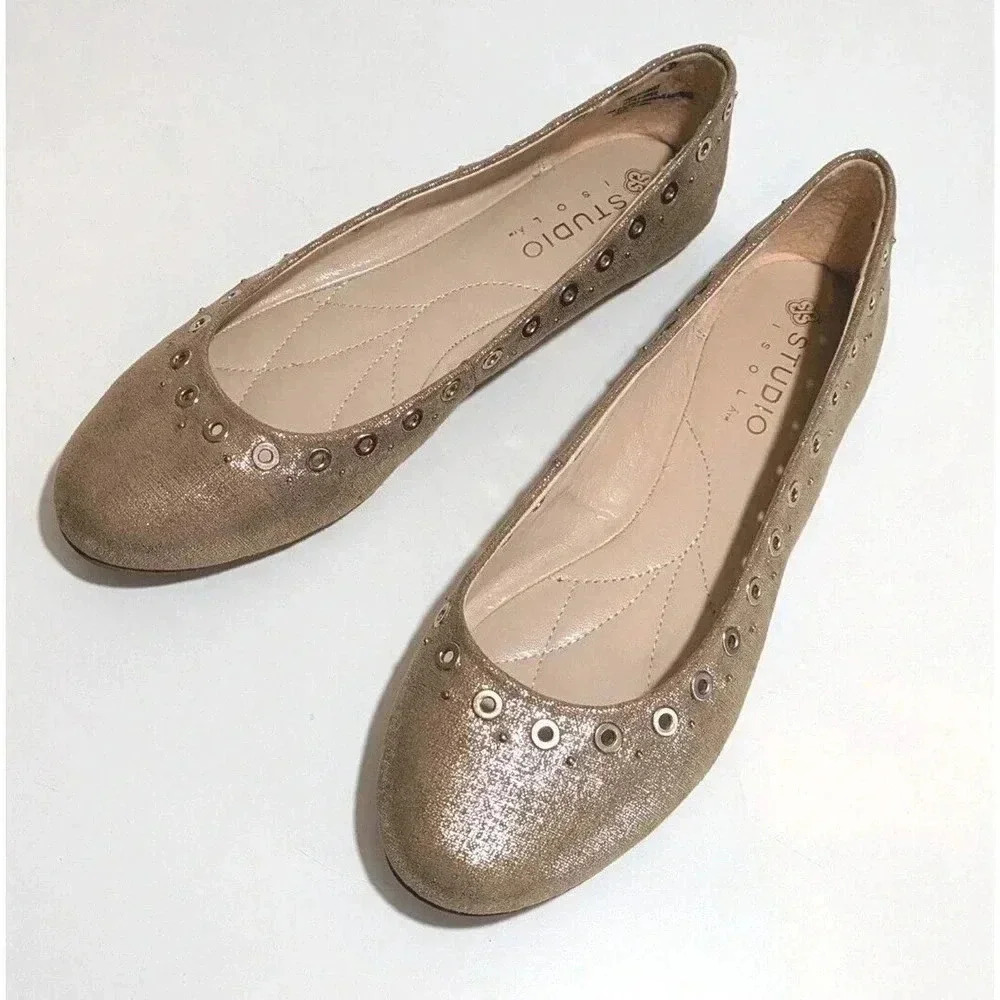 Studio Isola Metallic Gold Jacey Ballet Flats Size 7.5 Grommet Stud Details